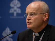 Bishop Franz-Josef Overbeck of Essen, Germany at the Synod on Synodality press briefing Oct. 21, 2023.