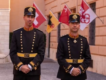 Swiss Guards model the new military dress uniform in a courtyard of the Swiss Guards’ Vatican barracks during an Oct. 2, 2025, presentation. The uniform, an updated version of a historic uniform used from the late 1800s to 1976, will be used at important events.
