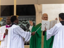 Pope Leo XIV celebrates Mass in St. Peter’s Square at the Vatican on Oct. 5, 2025.