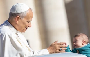 Pope Leo XIV greets a baby at his general audience in St. Peter's Square at the Vatican, Wednesday, Oct. 8, 2025. Credit: Daniel Ibáñez/CNA