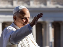 Pope Leo XIV greets pilgrims at his general audience in St. Peter’s Square at the Vatican on Wednesday, Oct. 8, 2025.