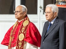 Pope Leo XIV meets Italian President Sergio Mattarella during his first state visit to the country that surrounds Vatican City State on Oct. 14, 2025.