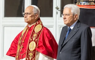 Pope Leo XIV meets Italian President Sergio Mattarella during his first state visit to the country that surrounds Vatican City State on Oct. 14, 2025. Credit: Daniel Ibanez/CNA
