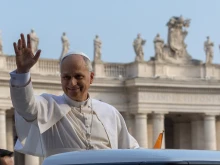 Pope Leo XIV waves from the popemobile during an Oct. 15, 2025 public audience in St. Peter's Square.