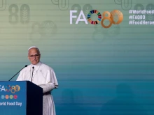 Pope Leo XIV speaks at the Rome headquarters of the Food and Agriculture Organization of the United Nations (FAO) on Oct. 16, 2025.
