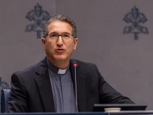 Bishop Luis Manuel Alí Herrera, the secretary of the Pontifical Commission for the Protection of Minors, addresses media during a press conference releasing the commission’s second annual report on Thursday, Oct. 16, 2025, in Rome.