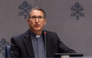 Bishop Luis Manuel Alí Herrera, the secretary of the Pontifical Commission for the Protection of Minors, addresses media during a press conference releasing the commission’s second annual report on Thursday, Oct. 16, 2025, in Rome. Credit: Daniel Ibáñez/CNA
