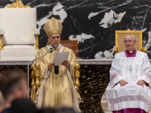 Pope Leo XIV celebrates a Mass of episcopal consecration at the Altar of the Chair in St. Peter’s Basilica on Oct. 26, 2025.