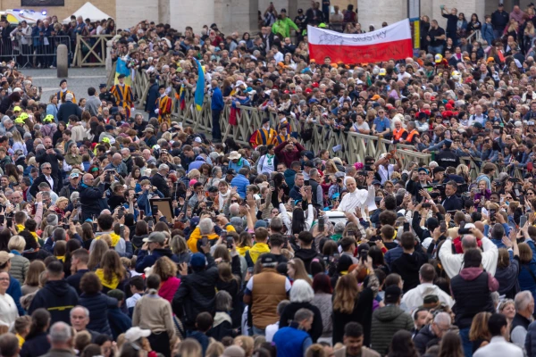 Pope Leo XIV greets pilgrims in St. Peter's Square from the popemobile at the general audience on Oct. 29, 2025. Credit: Daniel Ibáñez/EWTN