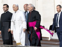 Pope Leo XIV arrives in St. Peter’s Square for his weekly general audience on Oct. 29, 2025.