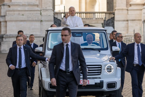 Pope Leo XIV greets pilgrims in St. Peter's Square from the popemobile at the general audience on Oct. 29, 2025. Credit: Daniel Ibáñez/EWTN