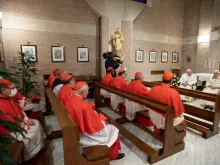 Benedict XVI addresses new cardinals at the Mater Ecclesiae Monastery at the Vatican on Nov. 28, 2020. 