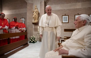 Pope Francis greets Pope emeritus Benedict XVI at the Vatican’s Mater Ecclesiae Monastery on Nov. 28, 2020. Credit: Vatican Media.