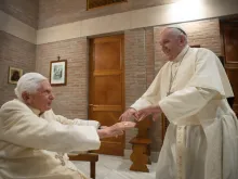 Pope Francis greets Pope emeritus Benedict XVI at the Vatican’s Mater Ecclesiae Monastery on Nov. 28, 2020. Credit: Vatican Media.