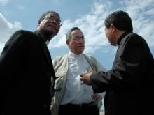 Caritas Internationalis President Cardinal Oscar Rodriguez Maradiaga with Archbishop Bernardito Auza and Bishop Pierre Dumas on February 22. 