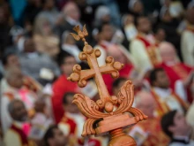 A St. Thomas Christian cross at the installation of Mar Joseph Srampickal at Preston North End stadium, England, on Oct. 9, 2016.