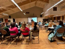Rachael Isaac speaks to student athletes at Franciscan University of Steubenville, hosted by Franciscan University Athletic’s Athlete Center for Excellence (ACE), in October 2024.