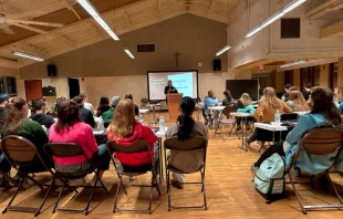 Rachael Isaac speaks to student athletes at Franciscan University of Steubenville, hosted by Franciscan University Athletic’s Athlete Center for Excellence (ACE), in October 2024. Credit: Photo courtesy of Catholic Counselors