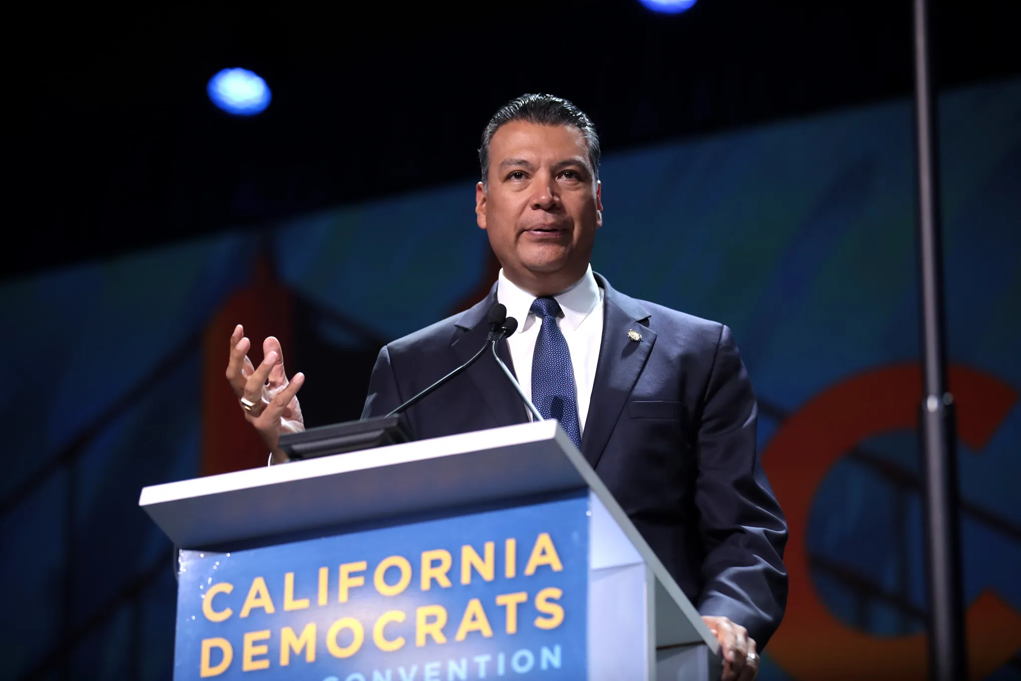 Alex Padilla, who has been designated to fill California's vacant US Senate seat, speaks at the 2019 state Democratic Convention. Credit: Gage Skidmore via Flickr (CC BY-SA 2.0).?w=200&h=150