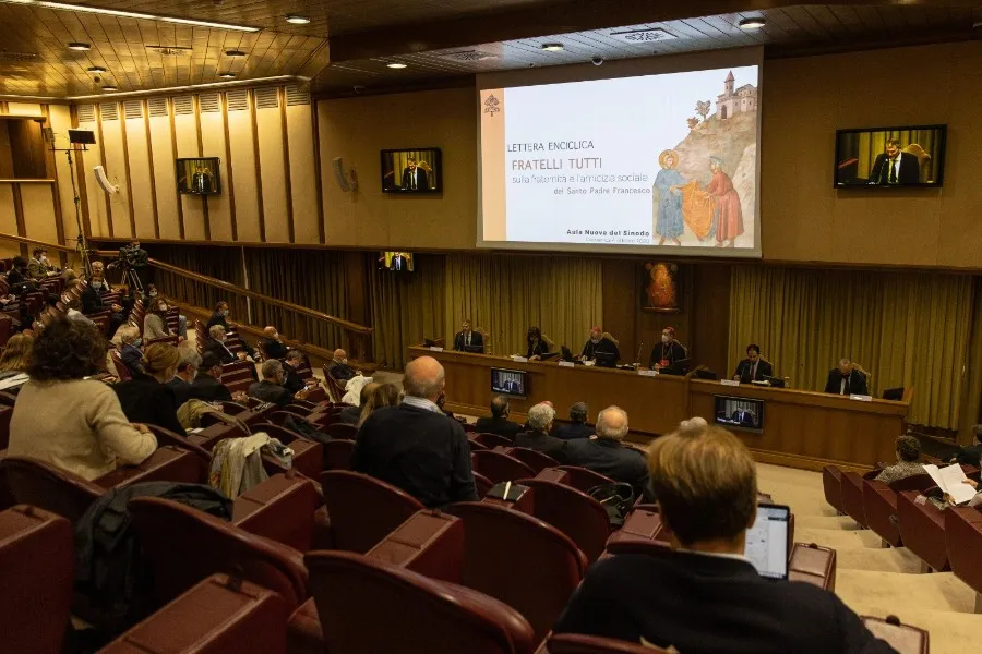 A conference presenting Pope Francis’ encyclical "”Fratelli tutti” at the New Synod Hall in the Vatican, Oct. 4, 2020. ?w=200&h=150