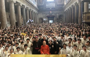 Young Korean pilgrims gather for Mass during the Jubilee of Youth in the Basilica of San Crisogono in Trastevere offered by Cardinal Andrew Yeom Soo-jung on July 31, 2025. Credit: Courtney Mares/CNA