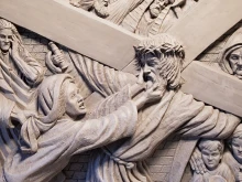 A detail of Timothy P. Schmalz's fourth station: Jesus meets his mother.