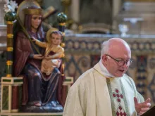 Msgr. John Armitage preaches at Westminster Cathedral, London, Sept. 12, before a statue of Our Lady of Walsingham. Photo 