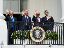 The US president with the Bahraini and Emirati foreign ministers and Israeli PM at the Abraham Accords signing at the White House, Sept. 15, 2020. 