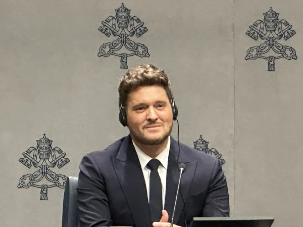 Michael Bublé speaks at the Vatican on Dec. 5, 2025, about preparing to sing "Ave Maria" for Pope Leo at the upcoming Christmas concert for the poor at the Vatican. Credit: Courtney Mares/CNA