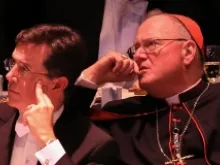 Stephen Colbert (L) and Cardinal Timothy Dolan attend the 68th Annual Alfred E. Smith Memorial Foundation Dinner, Oct. 17, 2013. 
