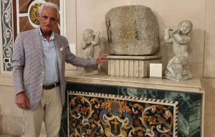 Renato Laganà with the relic of the burning column.   Hannah Brockhaus/CNA