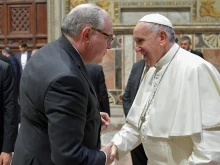 EWTN Chairman and CEO Michael P. Warsaw meets with Pope Francis during an audience with participants in the plenary meetings of the Dicastery for Communication, Tuesday, Sept. 24, 2019.