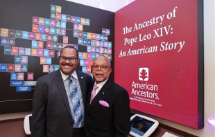 Jari Honora and Henry Louis Gates Jr. at the opening of the exhibit at American Ancestors headquarters in Boston. Credit: Claire Vail, VP of Communications & Digital Strategy for American Ancestors