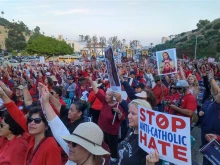 Thousands protest outside Dodgers Stadium June 16, 2023, while the Dodgers' honored the controversial group the "Sisters of the Perpetual Indulgence."