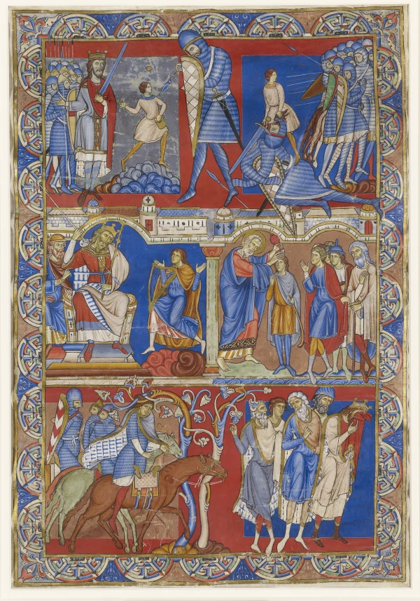 Scenes from the Life of David, depicting the story of David and Goliath, exemplifies the significance attached to the figure of David in medieval illuminated manuscripts. Winchester Bible, England, Winchester, ca. 1160-80. The Morgan Library & Museum, New York, MS M.619v. Photography by Graham S. Haber. Credit: Courtesy of the New York Library
