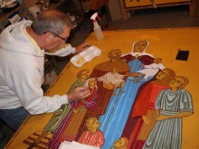 Father Richard Reiser, an iconographer based in Omaha, Nebraska, writes an icon of St. Bridget of Sweden with her family for FOCCUS Marriage Ministries’ 40th anniversary.