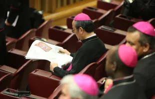 A Bishop reads a newspaper in the Vatican's Synod Hall before the Friday session of the Synod on the Family, Oct. 10, 2014.  
