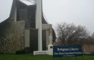 A banner outside of St. Thomas More Catholic Church in Omaha, Nebraska.