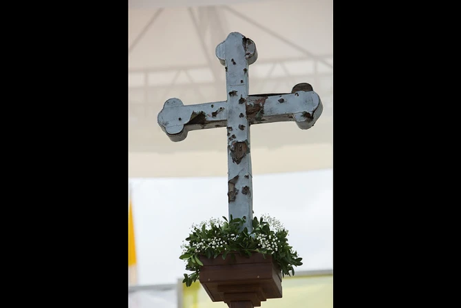 A cross 1 in Ko evo stadium Sarajevo Bosnia ahead of Pope Francis visit on June 5 2015 Credit Andreas Duren CNA 6 5 15