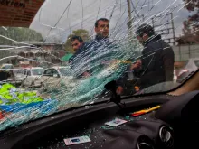 A car damaged in Srinagar, India because of the Oct. 26, 2015 earthquake in northern Afghanistan, with tremors felt as widely as Pakistan and northern India 