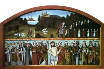 A depiction of the Fourteen Holy Helpers from Bavaria 19th century restored by Alois Liebwein Public domain
