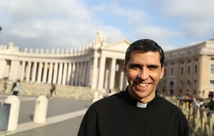 A priest walks through St. Peter's Square.   Daniel Ibañez/CNA.
