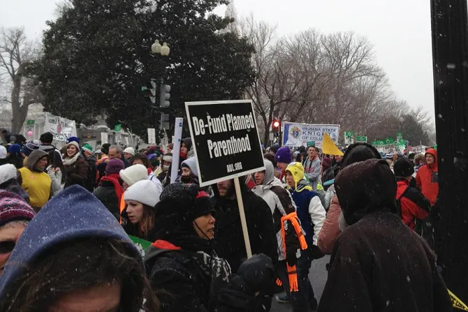 A prolife supporter holds a Defund Planned Parenthood sign at the March for Life Jan 25 2012 Credit Addie Mena CNA 8 7 15