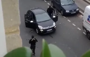A still image from an amateur video posted on Youtube shows a moment of the assault on satirical newspaper Charlie Hebdo, Jan. 7, 2015.   ANSA/YOUTUBE.