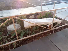 A toppled statue of the Virgin Mary outside St. Germaine Catholic Church in Prescott Valley, Ariz., Oct. 20, 2020. 