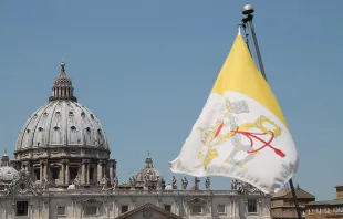 A view of St. Peter's Basilica and Vatican City flag from the roof of a nearby building on June 5, 2015.  