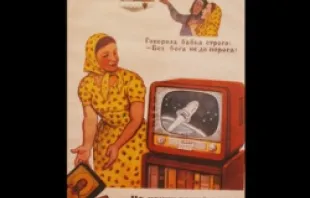 A woman throws icons away in a propaganda poster which states, "The Bright Light of Science Has Proven That There Is No God." 