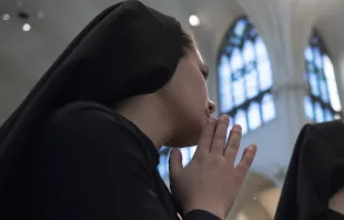 A young religious sister prays at the Cathedral of the Immaculate Conception in Denver, Jan. 17, 2105.   Catholic Charities/Jeffrey Bruno (CC BY 2.0).