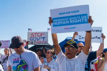 Activists shout chants during an End Family Detention event at the Tornillo Port of Entry in Tornillo Texas June 24 2018 Credit Paul Ratje AFP Getty Images CNA