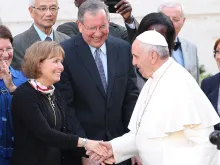 Alice and Jeffrey Heinzen of La Crosse greet Pope Francis Oct. 10, 2014, one day after they addressed the Synod of the Family. 